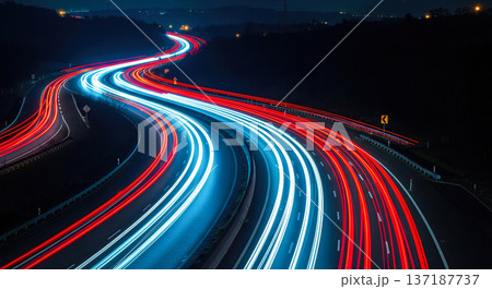 long exposure traffic lights night highway road red white car trails speed transportation curved motion infrastructure journey drive evening street dark landscape modern 137187737
