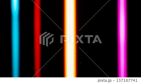 three vertical neon light lines blue yellow pink glow dark background abstract tube lamp stripe decoration bar club design element futuristic art 137187741