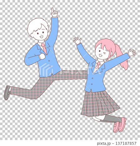 A lively high school couple jumping | Simple and cute illustration 137187857