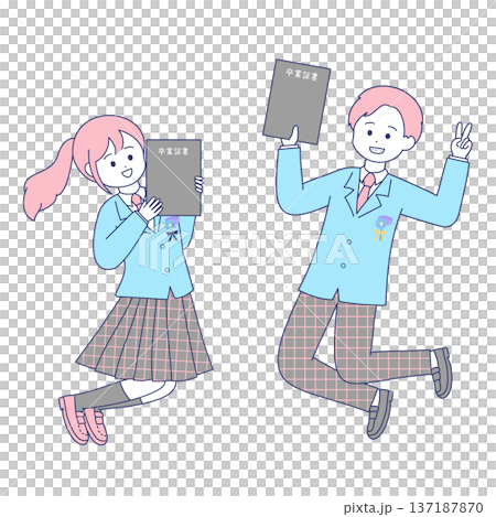 Graduation ceremony high school couple holding diplomas | Simple and cute illustration Graduation ceremony high school couple holding diplomas | Simple and cute illustration 137187870