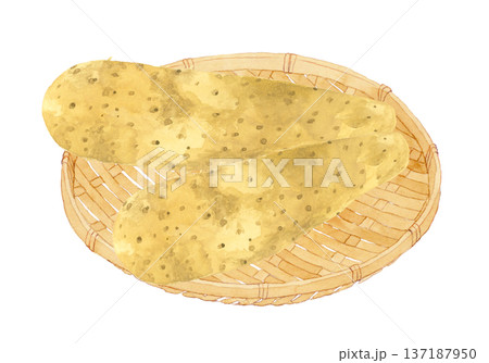 竹ざるに乗った長芋　野菜の手描き水彩イラスト素材 137187950
