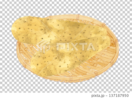 竹ざるに乗った長芋　野菜の手描き水彩イラスト素材 137187950