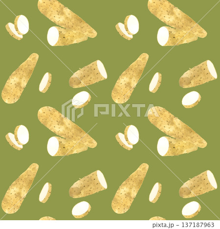 長芋のシームレスパターン　野菜の手描き水彩イラスト素材 137187963