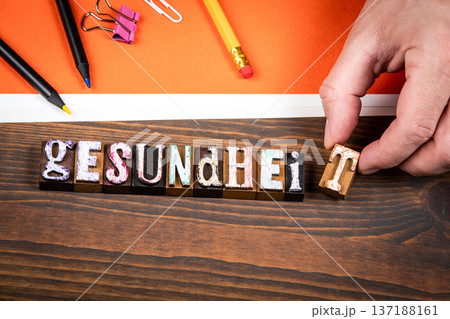 Health Word In German gESUNdHEiT Wooden Letter Blocks On Desk 137188161