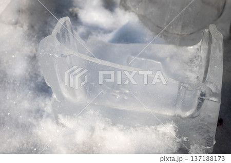Large Ice Chunks Resting Outdoors On Snow Covered Ground 137188173