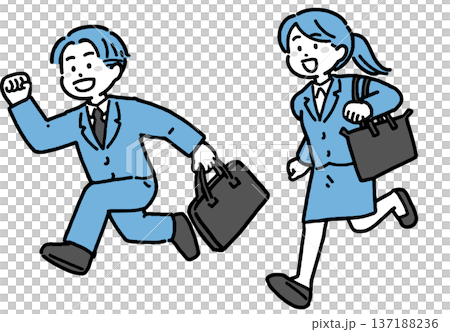 2色の笑顔で走る若手ビジネスマンとビジネスウーマンのセット 137188236