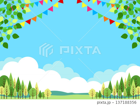 キャンプ場背景、横、旗、かわいい、イラスト キャンプ場背景、横、旗、かわいい、イラスト 137188356