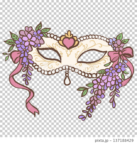 Elegant masquerade mask decorated with wisteria flowers pink ribbon bows pearl garland and heart ornament hand drawn romantic regency illustration for wedding and carnival designs Elegant masquerade mask decorated with wisteria flowers pink ribbon bows pearl garland and heart ornament hand drawn romantic regency illustration for wedding and carnival designs 137188429