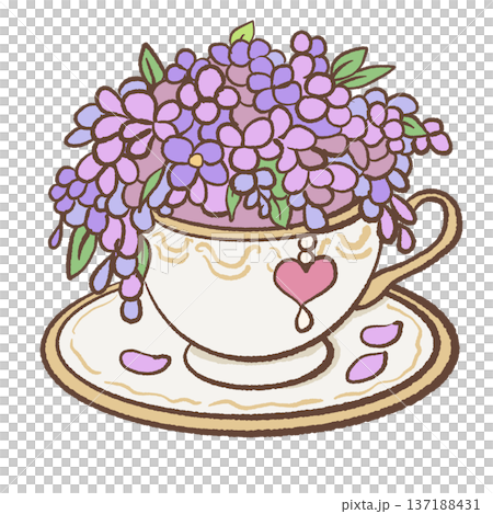 Vintage teacup filled with wisteria flowers and heart charm hand drawn romantic regency floral illustration for wedding decor feminine stationery and elegant designs 137188431