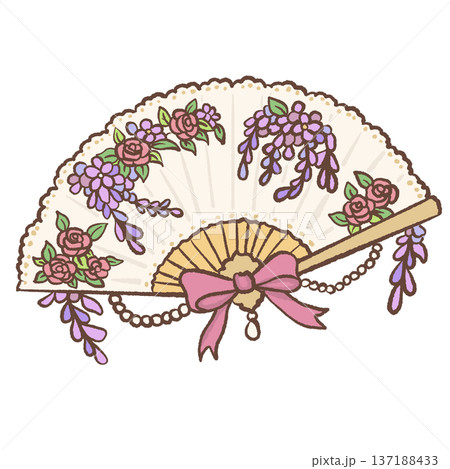 Decorative folding hand fan with roses wisteria garlands pink bow and pearl chains hand drawn romantic regency accessory illustration for wedding decor Decorative folding hand fan with roses wisteria garlands pink bow and pearl chains hand drawn romantic regency accessory illustration for wedding decor 137188433