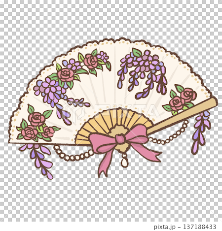 Decorative folding hand fan with roses wisteria garlands pink bow and pearl chains hand drawn romantic regency accessory illustration for wedding decor Decorative folding hand fan with roses wisteria garlands pink bow and pearl chains hand drawn romantic regency accessory illustration for wedding decor 137188433