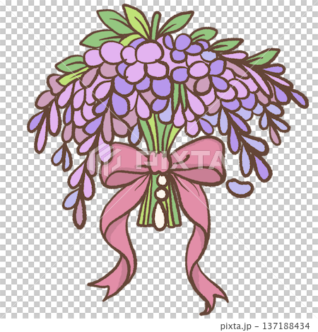 Wisteria flower bouquet tied with pink ribbon bow hand drawn romantic regency floral arrangement illustration for wedding decor feminine stationery and elegant designs Wisteria flower bouquet tied with pink ribbon bow hand drawn romantic regency floral arrangement illustration for wedding decor feminine stationery and elegant designs 137188434
