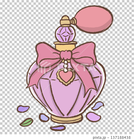 Vintage perfume bottle with pink ribbon bow and heart charm hand drawn romantic regency fragrance illustration for bridal decor and feminine stationery Vintage perfume bottle with pink ribbon bow and heart charm hand drawn romantic regency fragrance illustration for bridal decor and feminine stationery 137188438