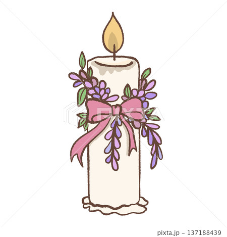 Vintage candle decorated with wisteria flowers and pink ribbon bow hand drawn romantic regency illustration for wedding decor feminine stationery and elegant designs 137188439