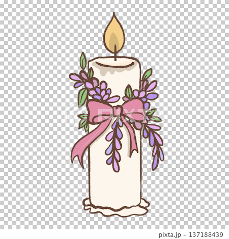 Vintage candle decorated with wisteria flowers and pink ribbon bow hand drawn romantic regency illustration for wedding decor feminine stationery and elegant designs 137188439