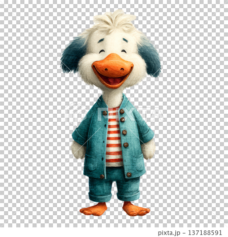 Happy watercolor pelican standing in teal jacket smiling 137188591