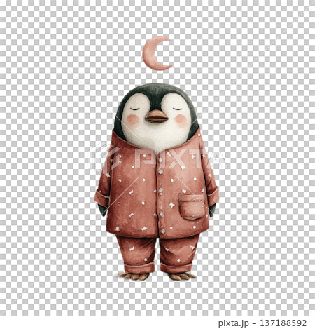 Cute watercolor penguin in star pajamas under crescent moon 137188592