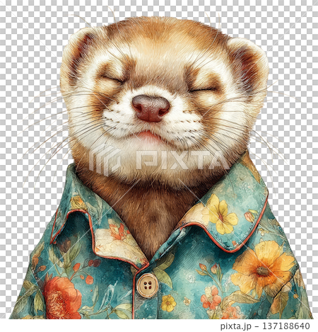 Cute watercolor weasel wearing a floral shirt smiling with eyes closed 137188640