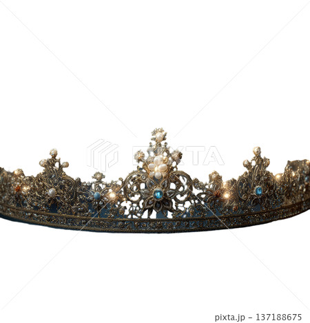 Vintage watercolor gold royal crown with blue gems and pearls isolated clipart 137188675
