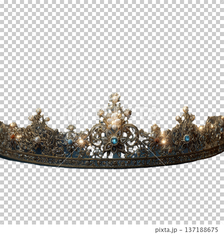Vintage watercolor gold royal crown with blue gems and pearls isolated clipart 137188675