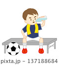 首にタオルを巻いてベンチに座って水分補給をするサッカー少年 137188684