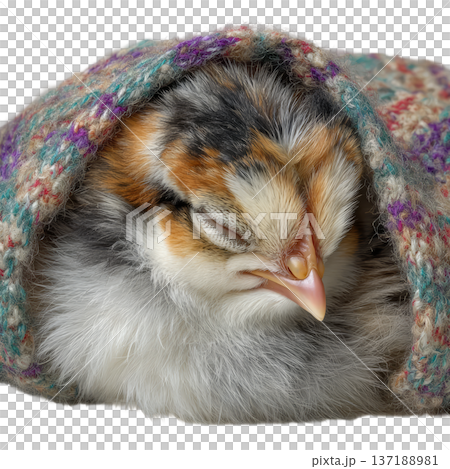 Cute watercolor chick sleeping under a colorful knitted blanket 137188981