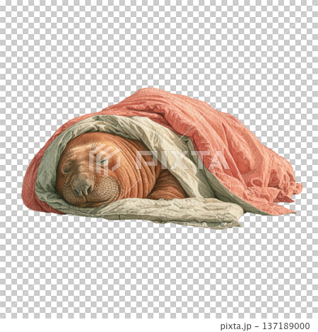 Cute watercolor seal sleeping under a pink blanket 137189000
