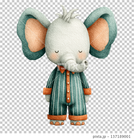 Cute watercolor elephant wearing green striped pajamas standing Cute watercolor elephant wearing green striped pajamas standing 137189001