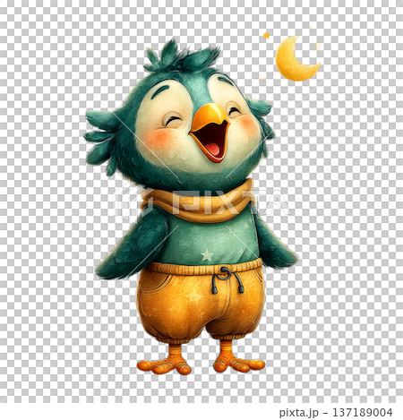 Cute watercolor falcon wearing yellow pajamas sleeping peacefully cozy atmosphere 137189004