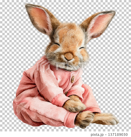 Cute watercolor rabbit wearing pink pajamas sleeping peacefully isolated Cute watercolor rabbit wearing pink pajamas sleeping peacefully isolated 137189030