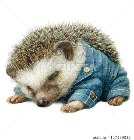 Cute watercolor hedgehog wearing a blue denim jacket sleeping isolated 137189032