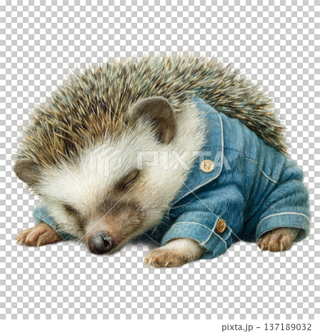 Cute watercolor hedgehog wearing a blue denim jacket sleeping isolated 137189032