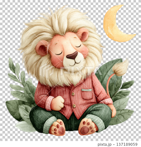 Cute watercolor lion wearing a red shirt sleeping among leaves with moon isolated Cute watercolor lion wearing a red shirt sleeping among leaves with moon isolated 137189059