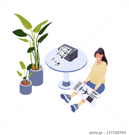 Booking, buying and print air flight tickets, trip. Holiday travel online. Airline boarding pass, documents, plane checkin. Vector illustration isolated on white background 137189769