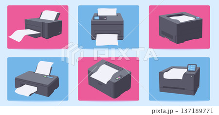 Set of printers in flat style. Printer and copier machine for office work. Vector isolated illustration 137189771