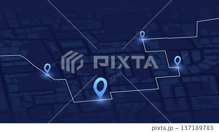 Main road throughout map. Navigation to poi. Isometric generic city map with signs of streets, roads. Simple scheme of city. Vector illustration, map background 137189783
