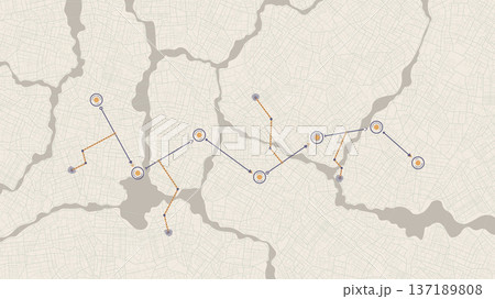 City map featuring directional signs, an intended goal point, and multiple markers. An abstract navigation plan highlights POI including city streets, blocks. Editable vector illustration 137189808
