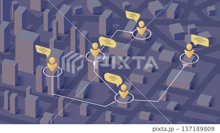 Communication concept. People connected with each other around. Business people around city working with online computer. Generic city map on background. Editable isometric, vector illustration. 137189809
