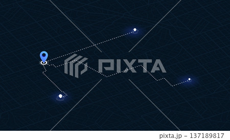 Abstract navigation through multiple markers. Online location tracking with arrival time data on city map. City map in blue and dark colors. Vector illustration Abstract navigation through multiple markers. Online location tracking with arrival time data on city map. City map in blue and dark colors. Vector illustration 137189817