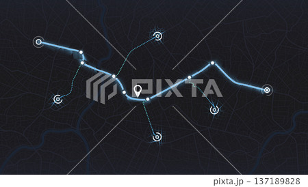 City map featuring directional signs, an intended goal point and multiple markers. Abstract GPS navigation, location and map pointer. Vector illustration with route, alternative paths. 137189828