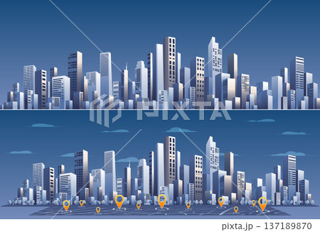 Metropolis skyscrapers with perspective map grid and gps pins. Night city concept. Vector illustration. 137189870
