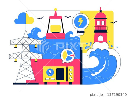 Renewable Ocean Wave Energy Technology Vector Illustration Featuring Sustainable Power Generation On Clean Blue Marine Background Renewable Ocean Wave Energy Technology Vector Illustration Featuring Sustainable Power Generation On Clean Blue Marine Background 137190540