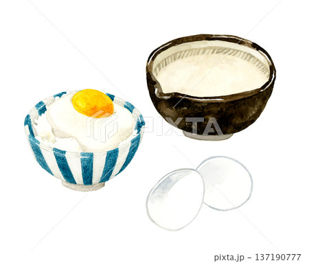 とろろ・山かけごはん・卵のセット　手描き水彩イラスト素材 137190777