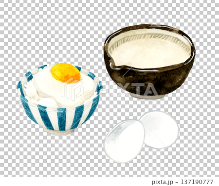 とろろ・山かけごはん・卵のセット　手描き水彩イラスト素材 137190777