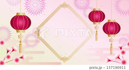 春節の背景イラスト素材 ベクター 花火 桃の花 新春 節句 フレーム 137190911