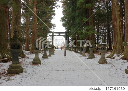 The long pathway to the Kitaguchi Hongu Sengen Jinja shrine, the entrance to the path to climb Mt. Fuji, lined with stone lanterns in Fujiyoshida in Yamanashi Japan on a snow covered winter day. The long pathway to the Kitaguchi Hongu Sengen Jinja shrine, the entrance to the path to climb Mt. Fuji, lined with stone lanterns in Fujiyoshida in Yamanashi Japan on a snow covered winter day. 137191080