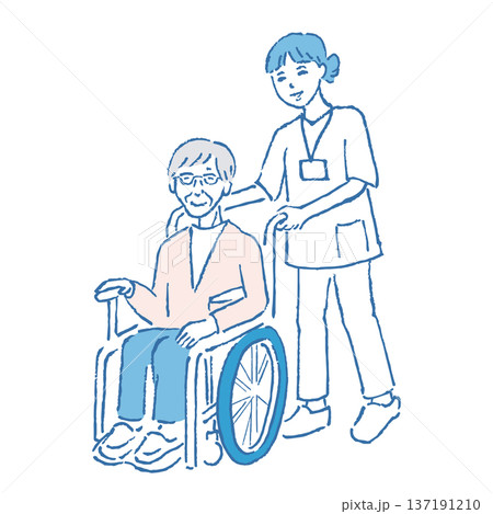 車椅子に乗る高齢女性の手描きイラスト 車椅子に乗る高齢女性の手描きイラスト 137191210