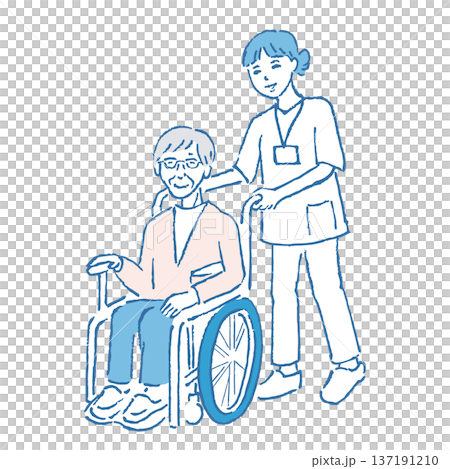 車椅子に乗る高齢女性の手描きイラスト 車椅子に乗る高齢女性の手描きイラスト 137191210
