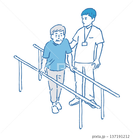 歩行訓練をするシニア男性の手描きイラスト 137191212