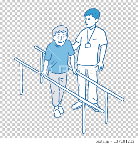 歩行訓練をするシニア男性の手描きイラスト 137191212